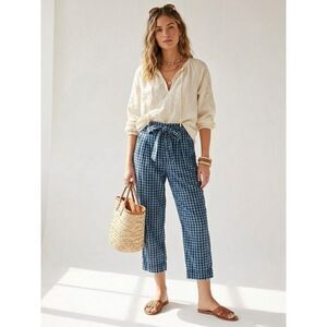 Anthro Maeve Avryl Bleached Gingham Pants Tie Waist Crop 0
